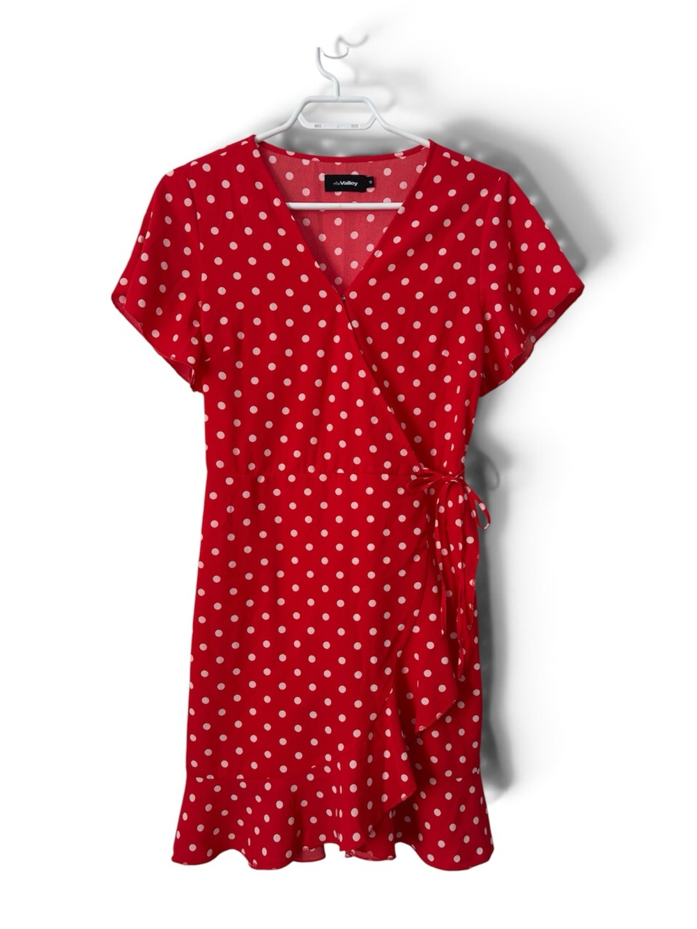 Miss Valley Red White Polka Dot Wrap Dress Short Sleeve Ruffle Hem Size 10